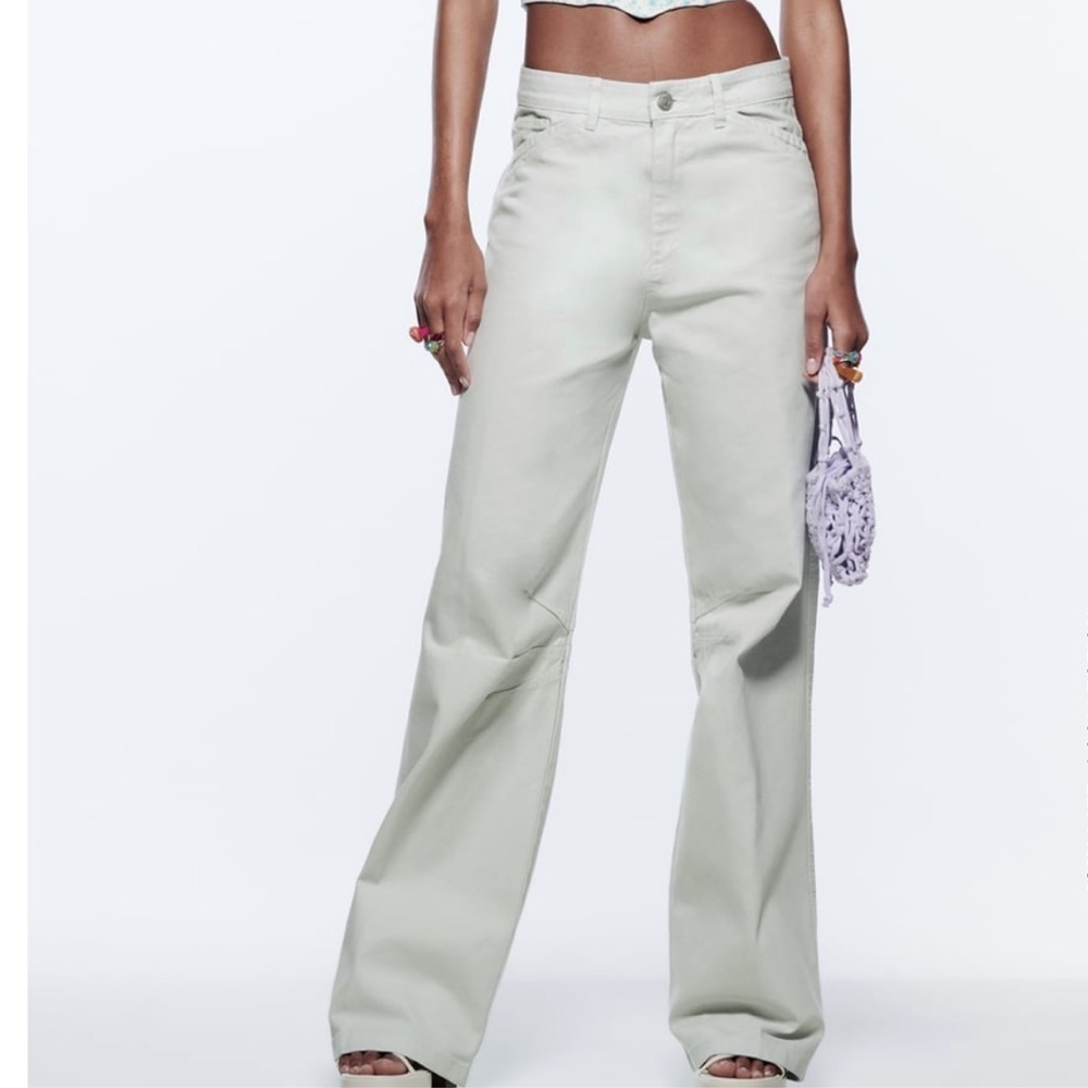 NEW‎ ZARA Women Blue Gray amid Rise Cargo Jeans Extra Wide Size 40